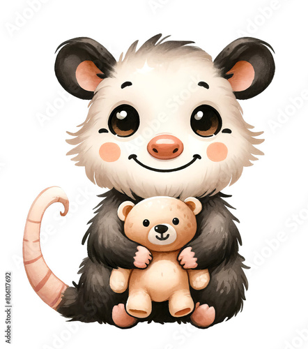 A cute cartoon opossum is hugging a teddy bear. The opossum has big eyes and a pink nose  and is smiling.