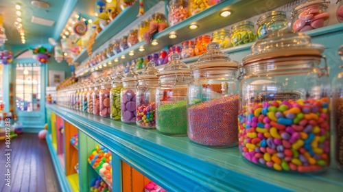 A colorful candy store display filled with jars of sweets, tempting passersby with an array of sugary treats and nostalgic favorites. photo