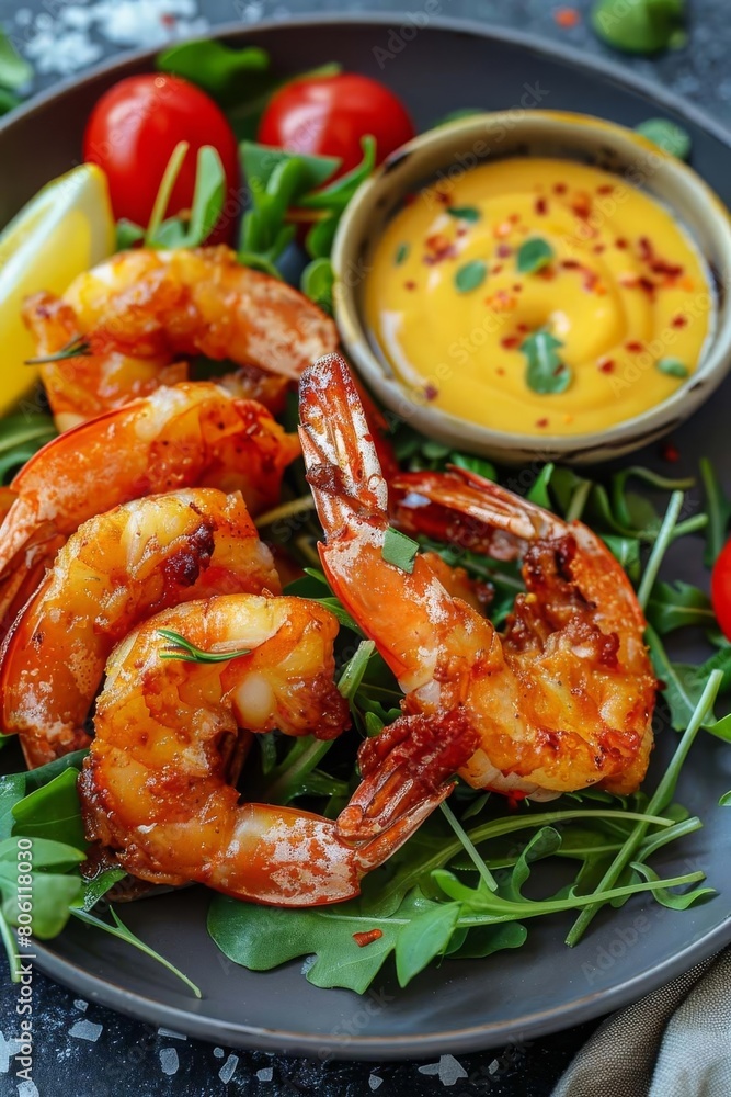 Fried shrimps on a plate with vegetables, Generative AI, Fried shrimps on a plate with vegetables, Generative AI,