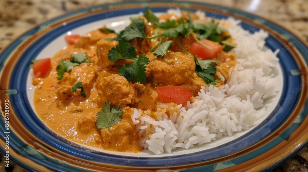 A colorful plate of butter chicken curry served with fluffy basmati rice and garnished with fresh cilantro, a classic dish in Indian cuisine. A colorful plate of butter chicken curry served with fluffy basmati rice and garnished with fresh cilantro, a classic dish in Indian cuisine.