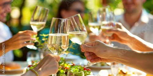 Group of people enjoying outdoor celebration with champagne  food  and drinks at a festive table