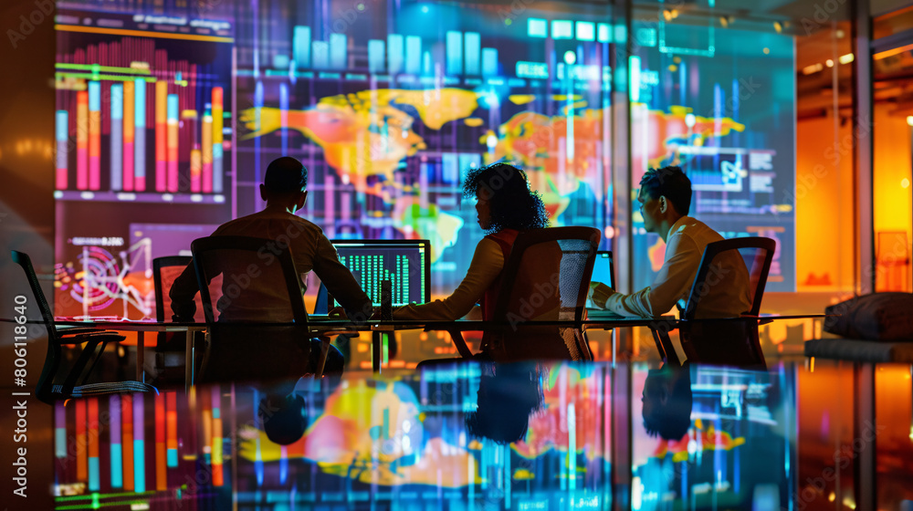 Obraz premium Investors in a conference room analyzing global investment strategies with laptops showing international finance data