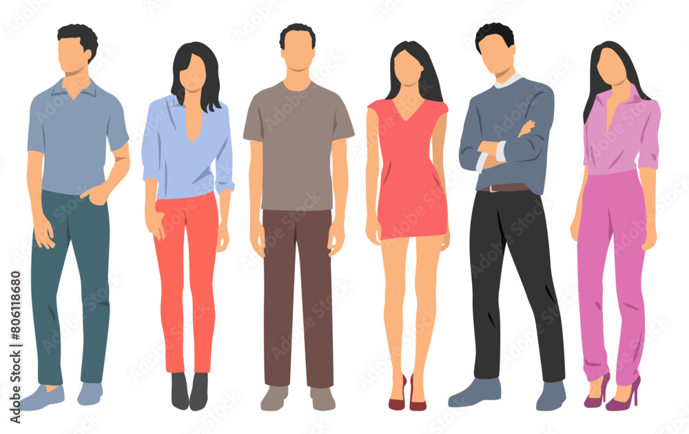 Obraz premium Set of young men and women , different colors, cartoon character, group of silhouettes of standing business people, students, design concept of flat icon, isolated on white background