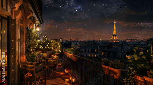Night view of Paris from apartment balcony photo