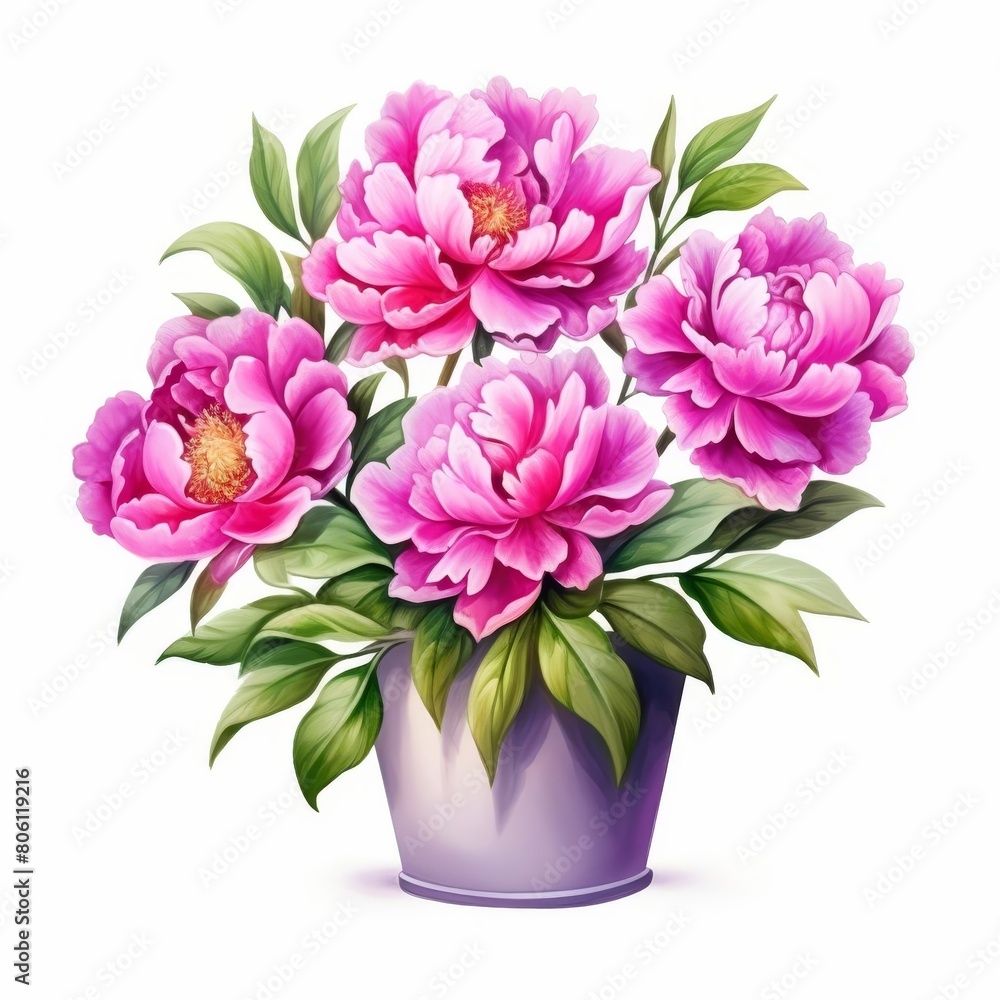 Obraz premium A beautiful watercolor painting of pink peonies in a vase on white background