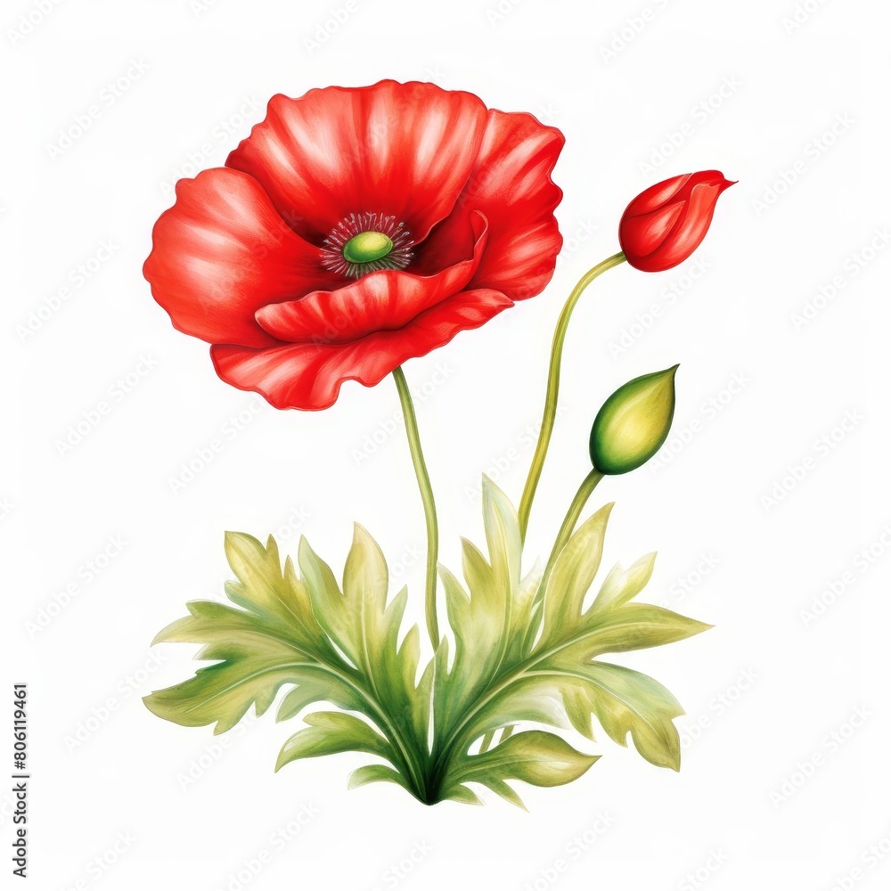 A beautiful watercolor painting of a red poppy flower with green leaves A beautiful watercolor painting of a red poppy flower with green leaves