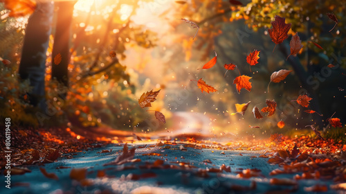A serene autumn forest with a carpet of fallen leaves in vibrant shades of red, orange, and gold. Soft, diffused lighting filtering through the trees, Generated by AI  photo