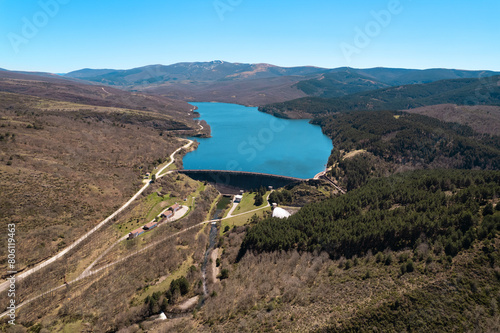 Aerial view of Uzquiza Lake in Burgos Province, Castile and Leon, Spain . 
