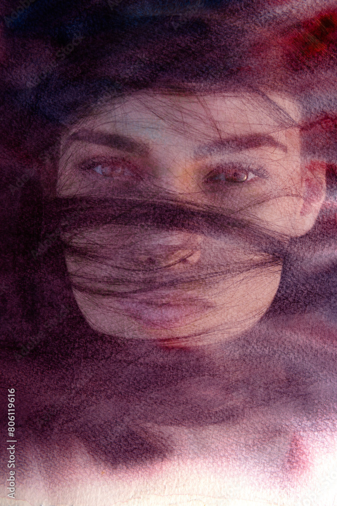 Fototapeta premium A watercolor paintography woman's portrait closeup