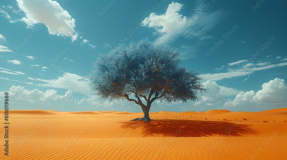 Vast Desert Landscape: A Lone Tree's Silent Testimony to the Endless Wilderness