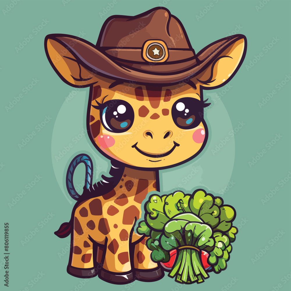 kawaii cute vector logo sticker of geraffe wearing cowboy hat kawaii cute vector logo sticker of geraffe wearing cowboy hat