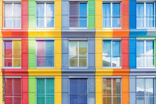 Facade of a high-rise building with colored decorative shutters.. Beautiful simple AI generated image in 4K, unique.