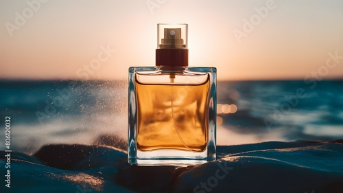 transparent spray bottle of perfume close up backdrop of sea in sun. Presentation of unisex perfumes in sea environment.