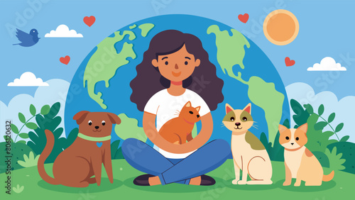 On Earth Day a soft girl spends the day volunteering at a local animal shelter surrounded by furry friends and the soft purrs and barks of grateful.