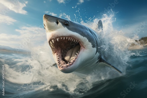 A great white shark with an open mouth and sharp teeth jumps out of the blue sea water