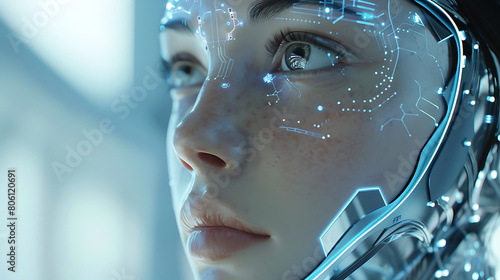 Headshot of female humanoid robot looking above. AI futuristic techonlogy