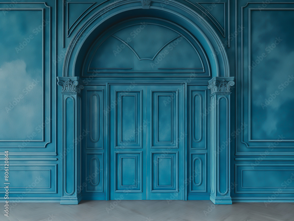 a description for an old door in a building: Wooden blue door with a closed front in an old building a description for an old door in a building: Wooden blue door with a closed front in an old building