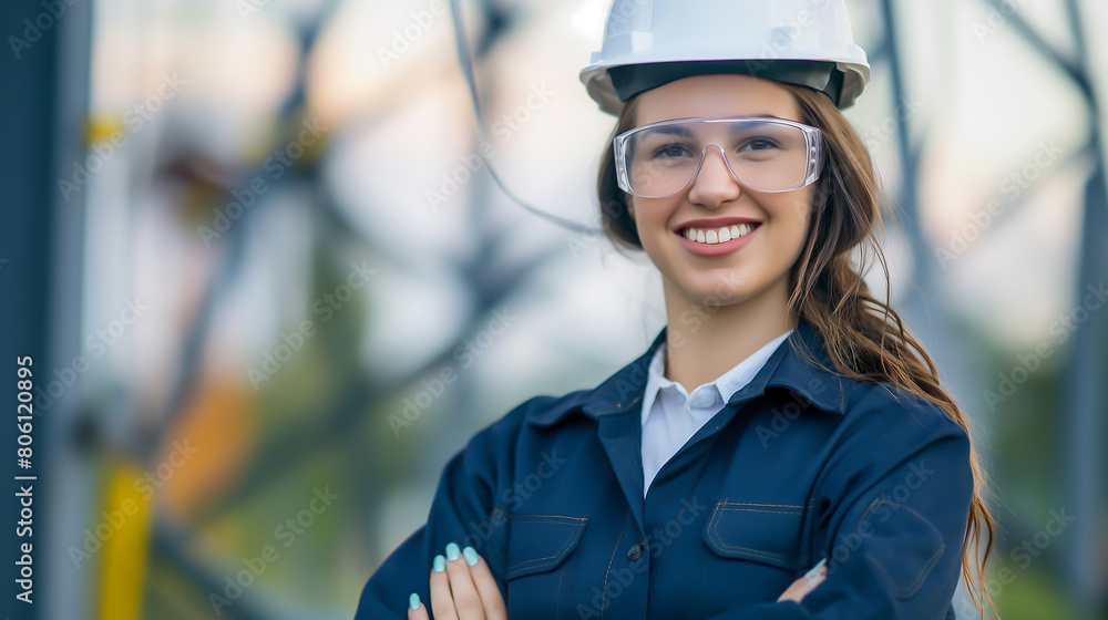 Smart and pretty model engineer or businesswoman in suit wearing a hardhat standing in front of the workplace Smart and pretty model engineer or businesswoman in suit wearing a hardhat standing in front of the workplace