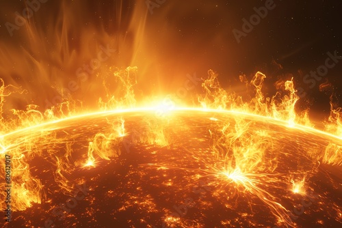 Realistic 4K detailed view of solar flares from the sun s top, panoramic