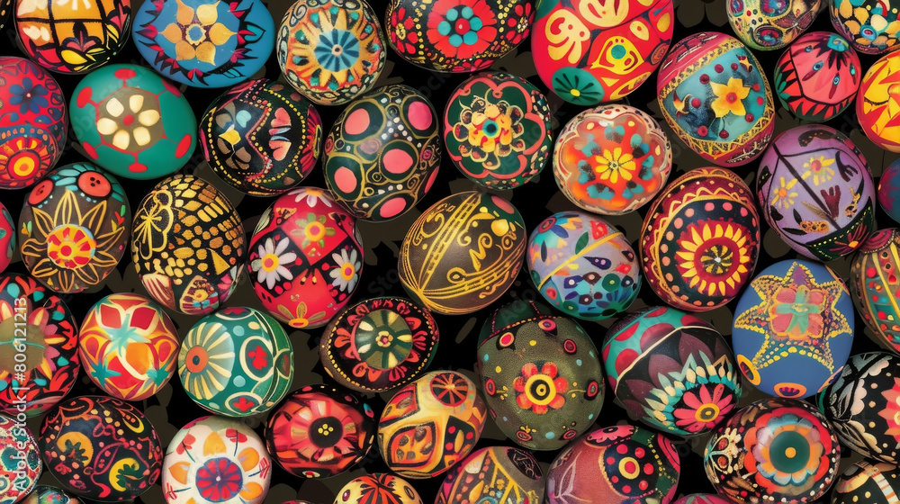 Hand-decorated eggs featuring bright colors and patterns on a dark surface