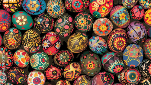 Hand-decorated eggs featuring bright colors and patterns on a dark surface © Rajesh