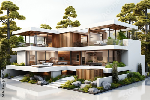 3D illustration of modern minimal house on white background, White modern house concept