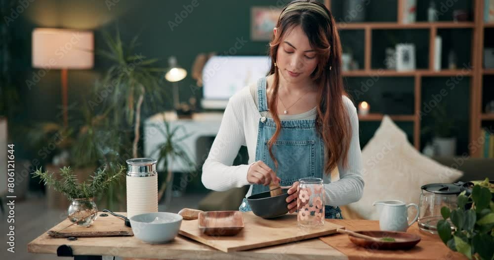 Woman, cooking mix and health food with matcha drink and green tea ingredient in a kitchen. Relax, smoothie and nutrition at morning with breakfast and detox in a home on a table with nutritionist Woman, cooking mix and health food with matcha drink and green tea ingredient in a kitchen. Relax, smoothie and nutrition at morning with breakfast and detox in a home on a table with nutritionist