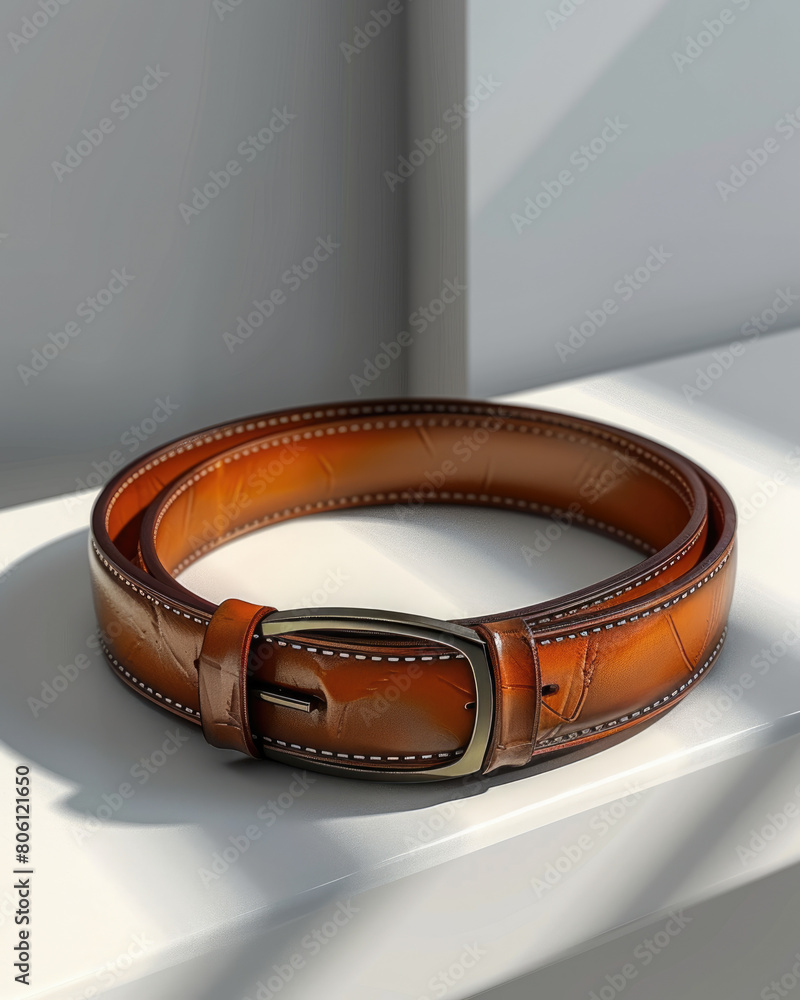 3D rendered luxury mens belt high fashion with creative details, ad mockup isolated on a white and gray background.