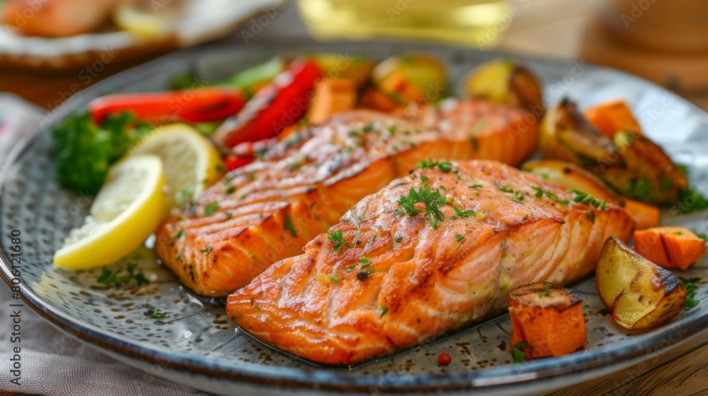 A delicious plate of grilled salmon served with lemon wedges and a side of roasted vegetables, ready for a healthy meal A delicious plate of grilled salmon served with lemon wedges and a side of roasted vegetables, ready for a healthy meal