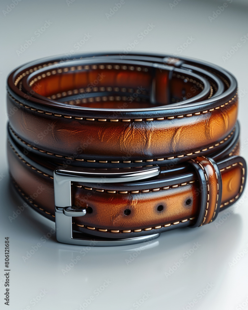 3D rendered luxury mens belt high fashion with creative details, ad mockup isolated on a white and gray background.