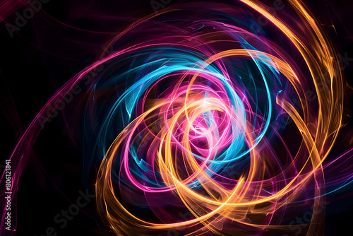 Dynamic neon swirls intertwining in a cosmic ballet of light. Abstract art on black background.