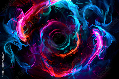 Enigmatic neon vortexes swirling in a mystical dance of colors. Abstract art on black background.