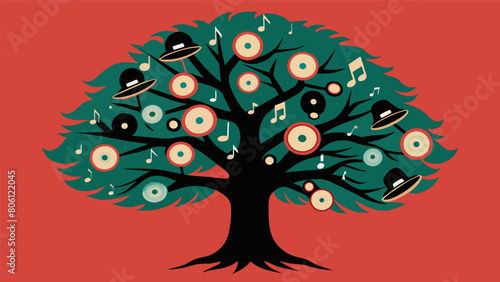 A stoic cedar tree boasting branches filled with vinyl records of classical music symphony orchestras and operas. Vector illustration