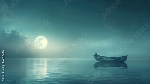 A boat is floating on a calm lake at night