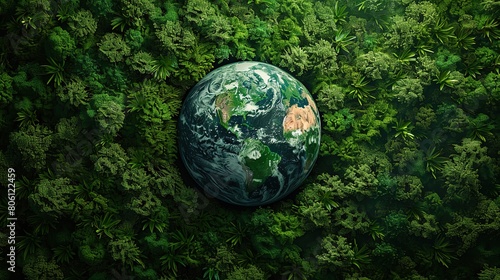 Aerial top view green forest with earth, Green planet in your hands, Save Earth, Texture of forest view from above ecosystem and healthy environment, earth day, Generative Ai 