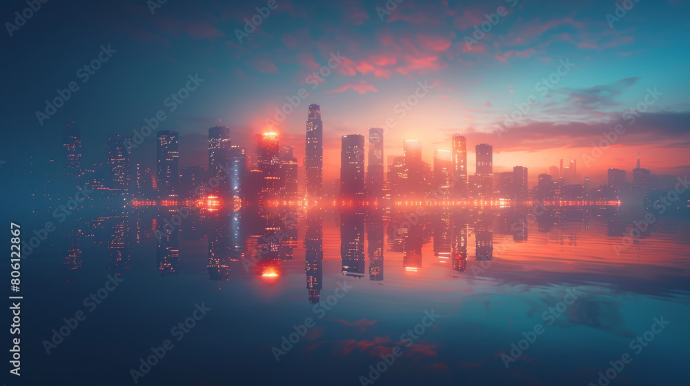 A city skyline is reflected in the water