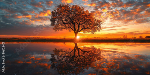 Sunrise Reflection of Tree in Water with Clouds in Background and Field in Foreground
