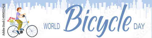 Cyclists characters. Man on a bicycle with tulips in the city on a blue background. World bicycle day celebration, banner, poster, background.