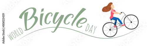 Cyclists characters. A woman rides a bicycle in the hills.  World bicycle day celebration, banner, poster, background.