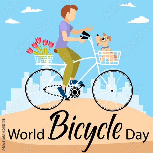 Cyclists characters. A man with flowers and a puppy on a bicycle against the backdrop of the city. World bicycle day celebration, banner, poster, background.