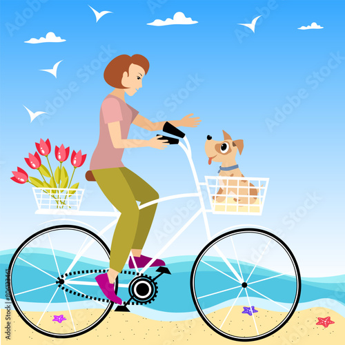 Cyclists characters. A woman rides a bicycle on the beach with flowers and a puppy. Sport and leisure. Outdoors activity. Healthy lifestyle concept.