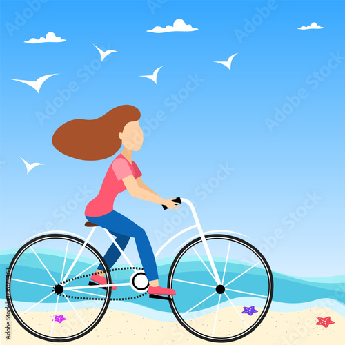 Cyclists characters. A woman rides a bicycle on the beach. Sport and leisure. Outdoors activity. Healthy lifestyle concept.