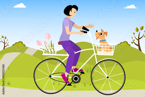 Cyclists characters. A woman rides a bicycle with tulips and a puppy.  Sport and leisure. Outdoors activity. Healthy lifestyle concept.