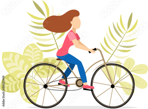 Cyclists characters. Woman on a bicycle and tropical plants. Sport and leisure. Outdoors activity. Healthy lifestyle concept.