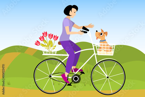 Cyclists characters. A woman rides a bicycle with flowers and a puppy. Sport and leisure. Outdoors activity. Healthy lifestyle concept.
