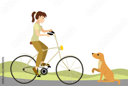 Cyclists characters. A woman on a bicycle met a dog. Sport and leisure. Outdoors activity. Healthy lifestyle concept.