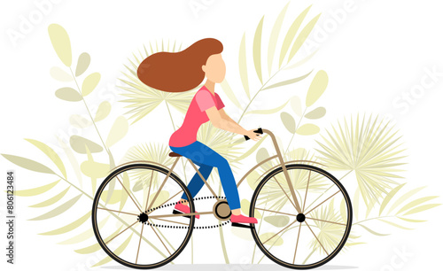 Cyclists characters. Woman on a bicycle and plants. Sport and leisure. Outdoors activity. Healthy lifestyle concept.