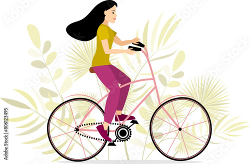 Cyclists characters. A woman rides a bicycle with plants in the background. Sport and leisure. Outdoors activity. Healthy lifestyle concept.