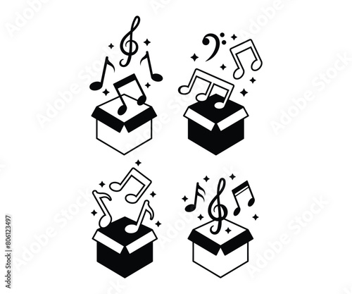 box of music notes flying vector design icon black white illustration collections template sets isolated