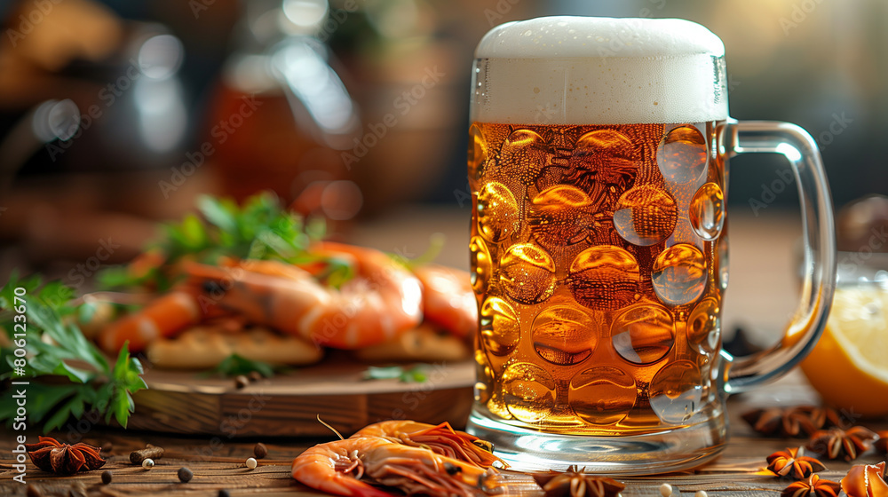 realistic close-up photo against the backdrop of a food festival, beer with seafood delicacies overlooking the sea realistic close-up photo against the backdrop of a food festival, beer with seafood delicacies overlooking the sea